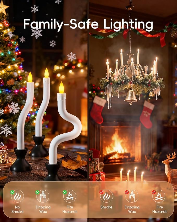 COOLWUFAN Christmas Window Candles, 3 Pcs Flameless Taper Candles with Remote Timer, Battery Operated Dripless LED Flickering 3D Flame, Holiday Decor for Home, Party (White Base)