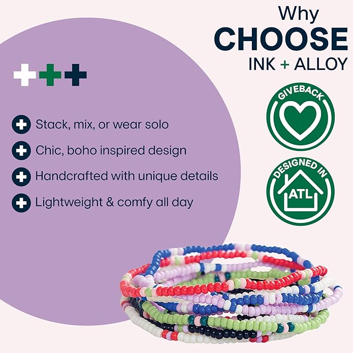 INK + ALLOY 10-Strand Stacking Beaded Bracelets for Women – Mixed Patterns Bracelet Stack - Adjustable Stretch Fit - Handmade Boho Bracelets for Women - Perfect for Any Occasion