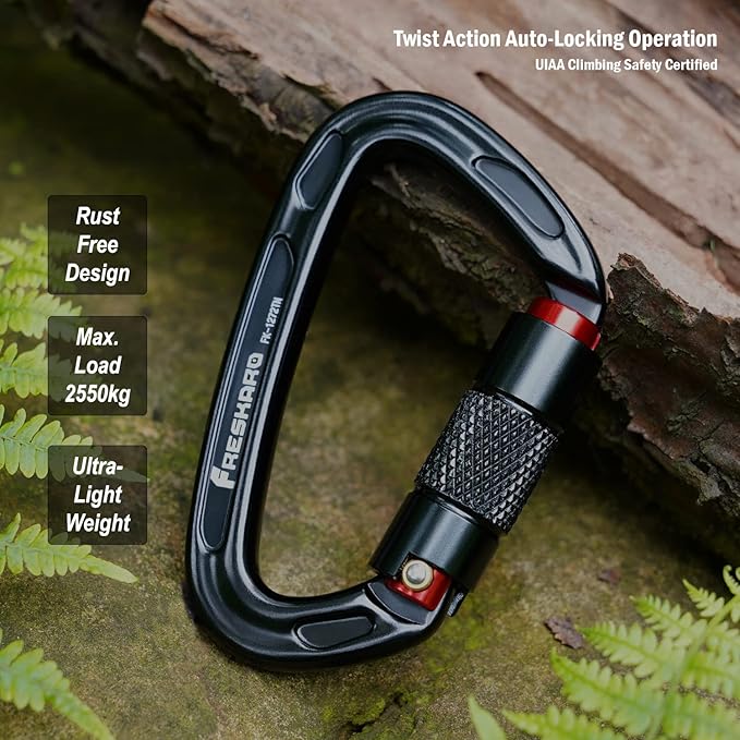 FresKaro UIAA Certified 25KN Auto Locking Climbing Carabiner Clips, Twist Lock, and Heavy Duty Carabiners for Rock Climbing, Rappelling, and Mountaineering, D Shaped