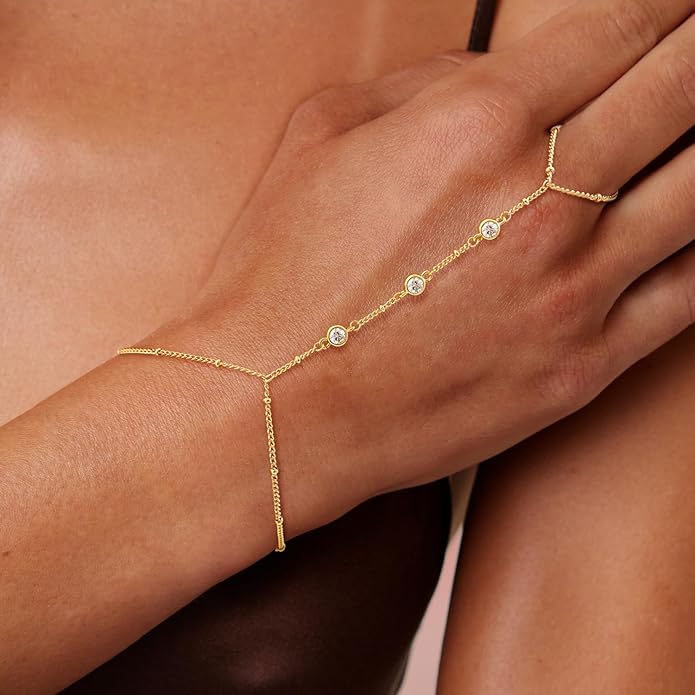 Valentine Gift 14K Gold Plated Hand Chain Bracelet for Women Trendy, 2 Pcs Stackable Gold/Silver Finger Ring Bracelet Hand Chain Dainty Non Tarnish Waterproof Set Jewelry Adjustable 7'+2