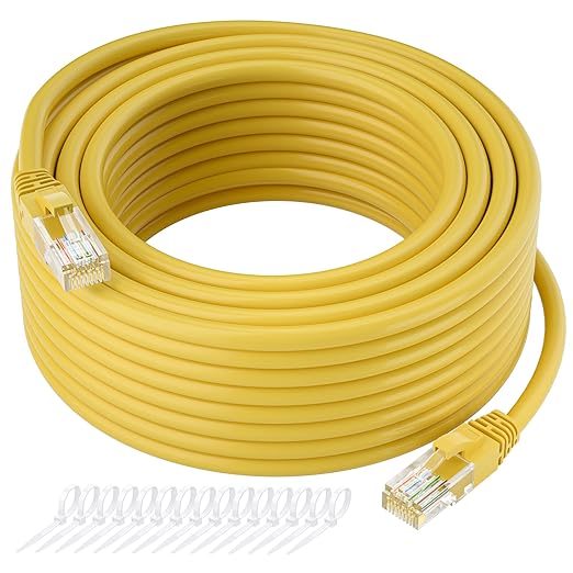 Cat5e Ethernet Cable 100 FT, Long Cat 5e Internet Cable, Yellow Snagless Patch Cord, Flexible, Network, LAN, PoE, Standard RJ45 Connector for PC, Server, Router, Modem, TV, PS5 - with 15 Cable Ties
