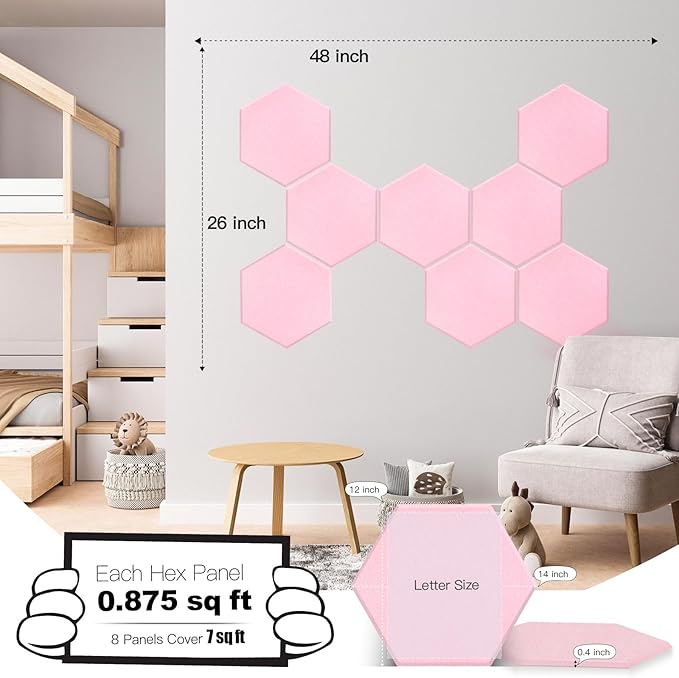 Mollywell Hexagon Acoustic Panels, High Density, Soundproofing, Decorative Noise Reduction Felt Wall Tiles for Ceilings, Home Office & Gaming Room (Cherry Blossom Pink), 14x12x0.4 Inch