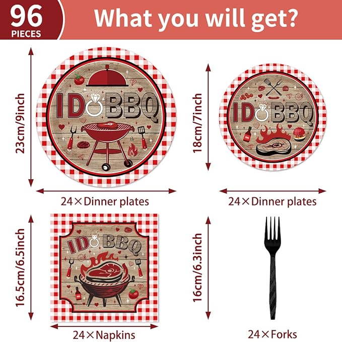 96PCS I DO BBQ Plates and Napkins Party Supplies BBQ Bridal Shower Decorations Bar B Q Wedding Engagement Barbecue Disposable Paper Tableware Set Serves 24 Guests