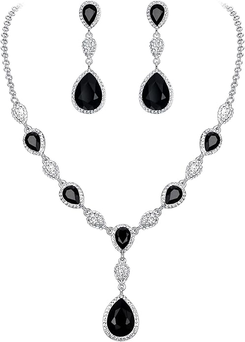 EleQueen Women's Cubic Zirconia Teardrop Y-Necklaces Dangle Earrings Jewelry Sets for Brides Bridesmaids