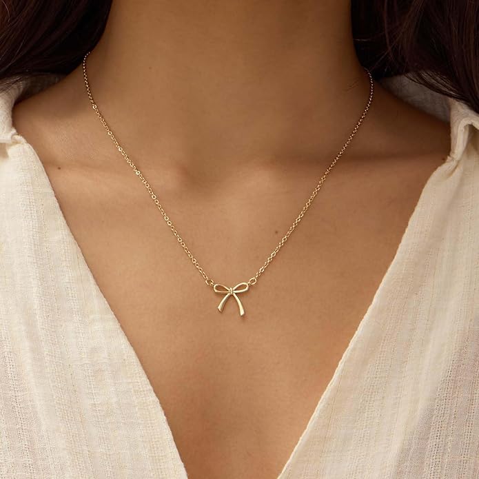 Valentines Day Gifts for Her - Dainty Bow Necklace for Women 14K Gold Plated Cute Choker Small Pendant Charm Necklaces Teen Gift Trendy Stuff Personalized Jewelry
