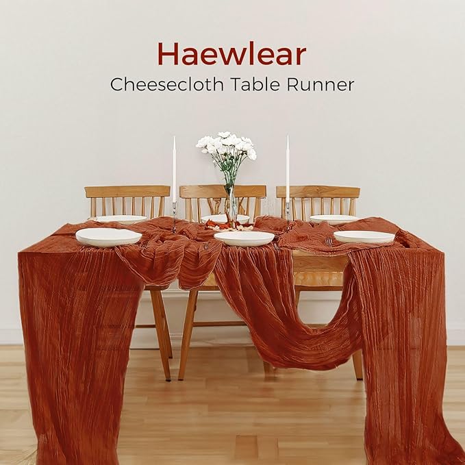 10PCS Terracotta Cheesecloth Table Runner 10ft Boho Gauze Fabric Cheese Cloth Table Runner Comes with 10 Cloth Napkins Runner for Romantic Wedding Birthday Shower Party Table Decoration