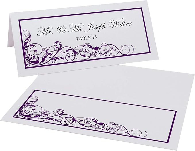 Scribble Vintage Swirl Printable Place Cards, Eggplant (Choose Color), Set of 150 (25 Sheets), Laser & Inkjet Printers - Wedding, Party, Dinner, and Special Events