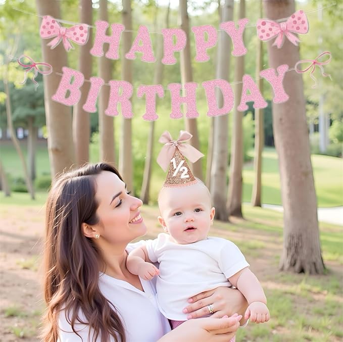 Half Birthday Hat Decorations 2 Set-Sequined Cone 1/2 Hat Happybirthday Banner for 6 Months Baby Girls Bow Birthday Party Decorations, Bow Party Deco(Rose Gold)