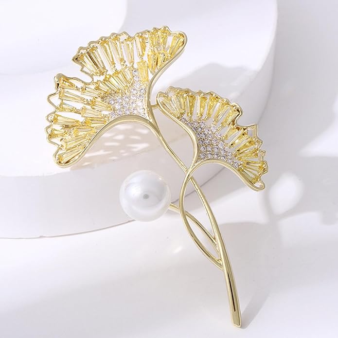 Leaf Brooches Rhinestone Freshwater Pearls Ginkgo Leaves Brooch Pin 18k Gold Plated Leaves Lapel Pins Jewelry Valentine's Day Birthday Gifts for Women Girls