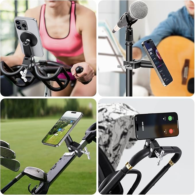 elitehood Magnetic Phone Clamp Mount, Adjustable Phone Holder for Mic Stand/Music Stand/Golf Cart/Treadmill/Stroller/Shopping Cart/Stationary Bike, iPhone Clamp Mount for Magsafe iPhone 16 15 14