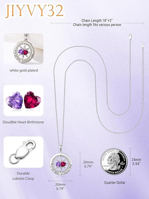 Compass Necklace for Women, Exquisite S925 Valentines Day Anniversary Birthday Gifts for Wife Her Double Birthstone Pendant Jewelry ‘I'd be Lost Without You’