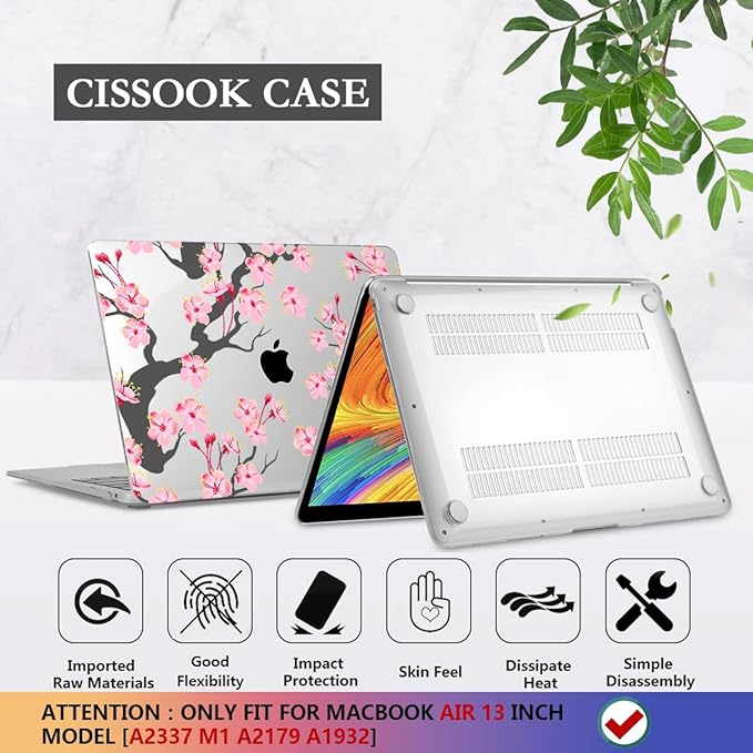 CISSOOK Hard Shell Case for MacBook Air 13 Inch A2337 M1 A1932 A2179 2021 2020 2019 2018 Released, Cherry Floral Beauty Cover with Keyboard Cover + Screen Protector for 2021 Air 13-Cherry Blossoms