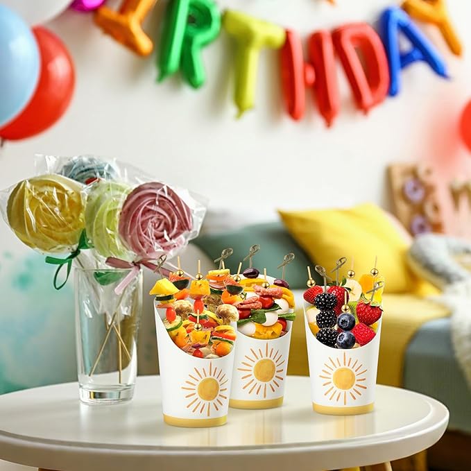 Tioncy 250 Pcs Charcuterie Cups with Cocktail Picks Sets, Bridal Shower Decoration 50 Charcuterie Cups with 200 Sticks for Wedding Baby Shower Floral Boho Witch Party Decorations(Orange,Boho Sun)
