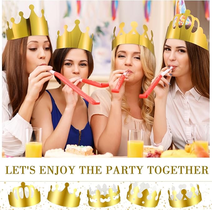 Crtiin 100 Pcs Gold Paper Crowns Birthday Party Bulk for Adults Classroom Students Hat Supplies Favors (Stylish Style)