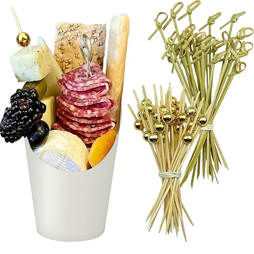 CAMKYDE [50 cups + 200 picks] 14 oz Disposable Charcuterie Cups with Sticks (White)