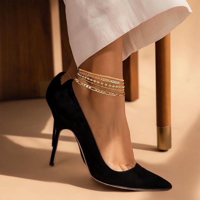 Gold Ankle Bracelets for Women,14k Gold Plated Anklets Waterproof Cuban Link Tennis Herringbone Beaded Chain Anklets Set Layered Anklet Bracelets for Women Adjustable Summer Beach Jewelry 5pcs