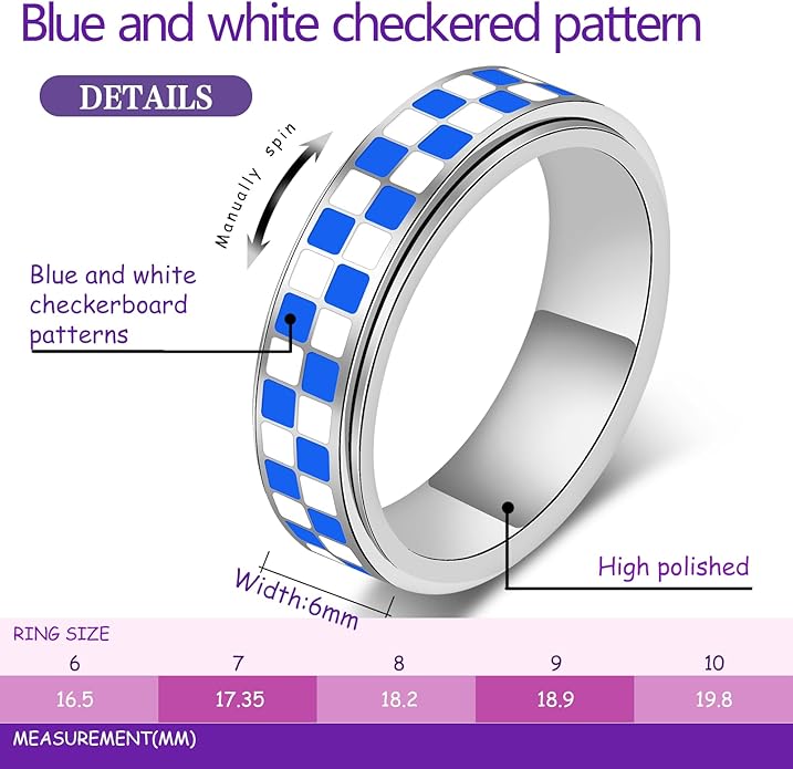 Checkered Fidget Ring For Women - Blue Chessboard Design Band Rings Anxiety & Stress Relief Stacking Spinner Rings, Stainless Steel Spinning Ring Anti-Anxiety Jewelry Gift for Adults