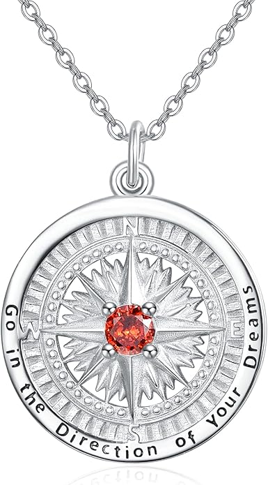 KINGWHYTE Graduation Gifts Birthstone Necklace for Women 925 Sterling Silver Compass Pendant Go in the Direction of your Dream Travel Jewelry Birthday Gift for Her