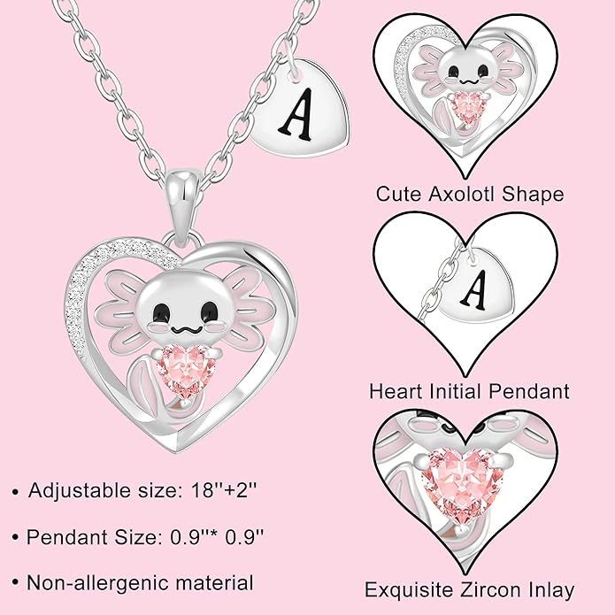 C-leen Axolotl Valentines Day Gifts for Her, 14K Gold Plated Axolotl Initial Necklace Cute Heart Initial Pendant Necklaces Birthday Valentines Day Gifts for Kids Girls Women