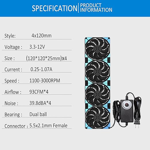 120mmx4 480mm Adjustable Computer PC Vent Fans 3-12V Speed Controller for Flexible Arrange Chicken Coop Rack Space Window Wall Cabinet Server Mining Rig Exhaust Cooling