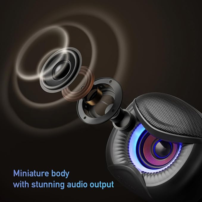 USB Powered Computer Speakers with RGB Blue Lighting 2.0 Stereo Sound System, Headphone Jack, Plug and Play, Works with PC/Laptop (USB-C Adapter Included)