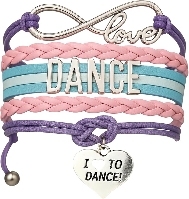 Sportybella Dance Accessories – Love Infinity Bracelet for Girls, Teens – Adjustable Pink, Purple, Teal, and Light Blue Braided Leather with Dance Letter Bar and Heart Charm – Gift for Dancers