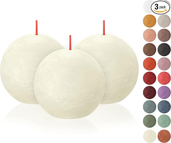 BOLSIUS 3 Pack Ivory Rustic Ball Pillar Candles - 3 Inch - Premium European Quality - Includes Natural Plant-Based Wax - Unscented 25 Hour Party Décor and Wedding Candles