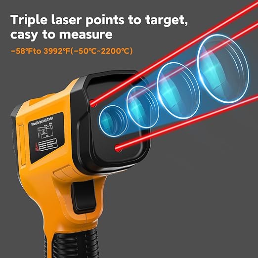 -58°F to 3992°F High-Temp Temperature Gun, Industrial IR Thermometer Gun High Precision Triple Laser Non-Contact Pyrometer Termometer for Furnace, Kiln, Forge, Furnace, Engine, HVAC