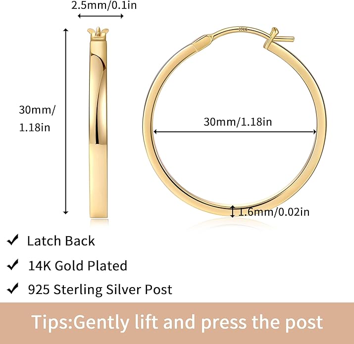 Gacimy Flatted Hoop Earrings for Women 14K Gold Plated with 925 Sterling Silver Post