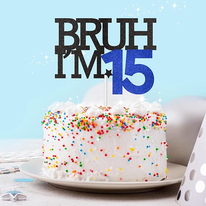 Bruh I'm 15 Cake Topper, Happy 15th Birthday Decorations for Boy, Funny 15th Birthday Cake Topper Birthday Party Decoration Supplies