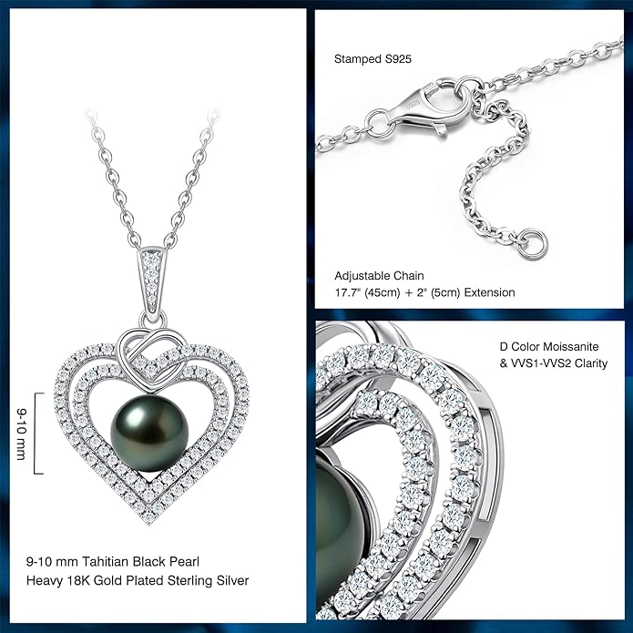 Genuine Tahitian Black Pearl Necklaces for Women, 9-12mm AAAA Seawater Pearl - Sterling Silver Moissanite Pendant, Wedding Anniversary, Birthday, Christmas Gift for Wife, Mom, Girlfriend, Fine Jewelry