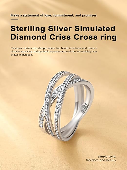 Bestyle 925 Sterling Silver Simulated Diamond CZ Criss Cross Ring for Women, Infinity Love Statement Rings CZ Eternity Engagement Wedding Band Ring for Her