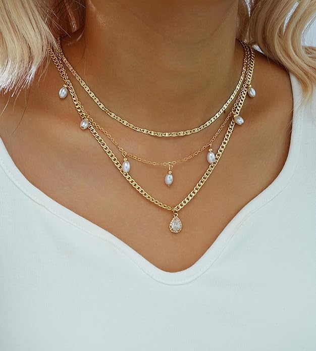 YEEZII Layered Gold Necklaces for Women Trendy, 3 Pcs 14K Gold Plated Choker Paperclip Box Chain Necklace, Stackable Women's Gold Pendant Necklaces Jewelry Set