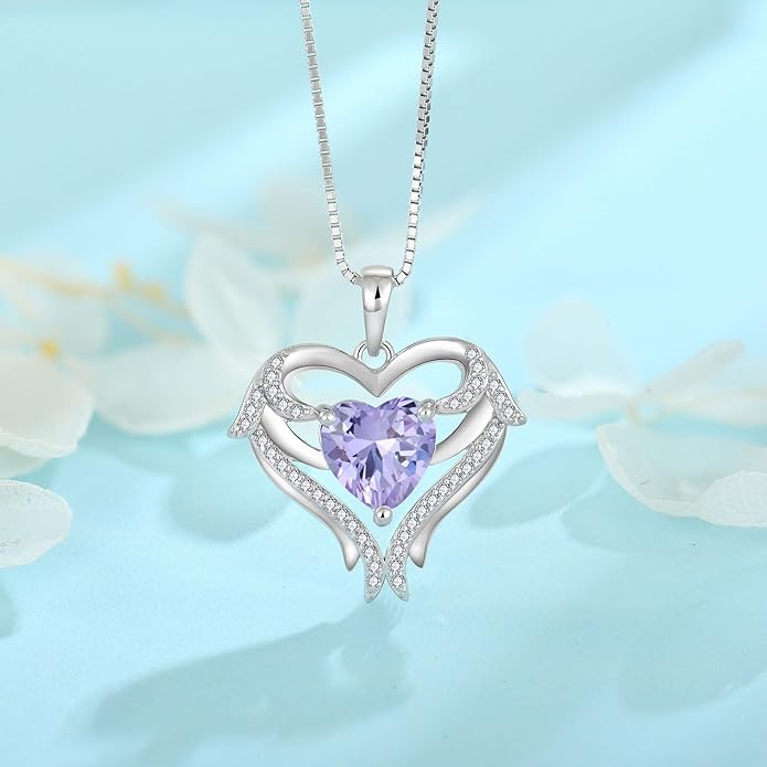 FJ Heart Angel Wings Pendant Necklace 925 Sterling Silver Birthstone Jewelry Gifts for Women