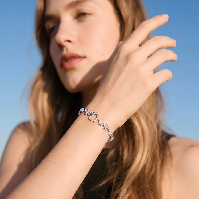 2 Pcs Rhinestone Charm Bracelet Set for Women,Cute Design Adjustable Bracelets for Everyday & Special Occasions