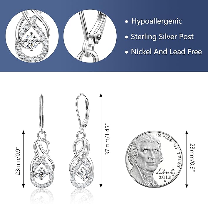 Sterling Silver Dangle Earrings for Women Trendy Hypoallergenic Leverback Silver Drop Earrings with Cubic Zirconia Double Twisted Infinity Heart Ball Charm Dangle Drop Earring Jewelry