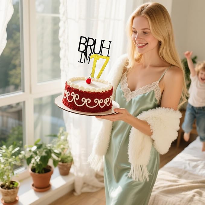 Bruh I'm 17 Cake Topper - Bro I'm 17, Happy Sweet 17 Ornament for Boys' 17th Birthday Party Supplies (Bruh I'm 17)