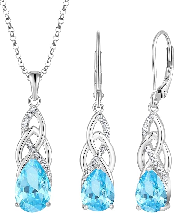 JO WISDOM Celtic Knot Infinity Jewelry Set for Women 925 Sterling Silver Aquamarine Dangle Drop Leverback Earrings March Birthstone Necklace Pendant Gemstone Jewelry