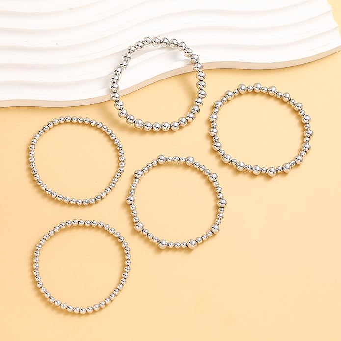 wgoud Gold Bracelets for Women - Trendy 14K Real Gold Plated Beaded Bracelet Set with Stretch Beads, Waterproof, Adjustable, Perfect Gifts