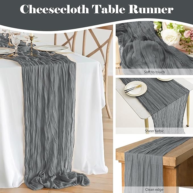2 Pack 10 Ft Cheesecloth Table Runner Grey Gauze Long Table Runners Boho Gauze Cheese Cloth Table Runner Rustic Sheer Runner for Wedding Party Table Decor ( 35 x 120 Inch )