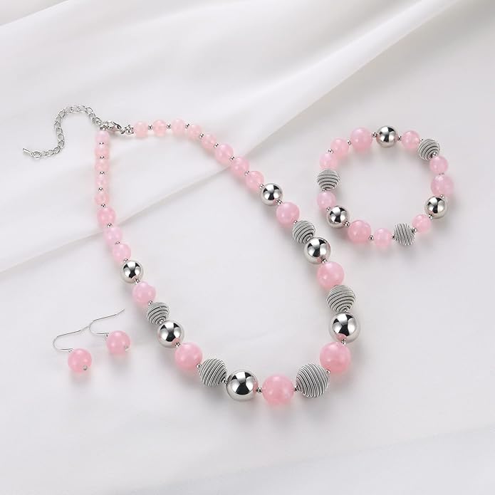PEARL&CLUB Beaded Chunky Statement Necklace Earring and Bracelet Set Silver Metal Bead Fashion Jewelry Set Mothers’ Day Gifts for Women