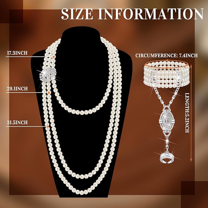 Maitys 3 Pcs 1920s Pearl Jewelry Set Includes Vintage Flapper Earrings Multilayer Imitation Pearl Necklace Bracelet for Women