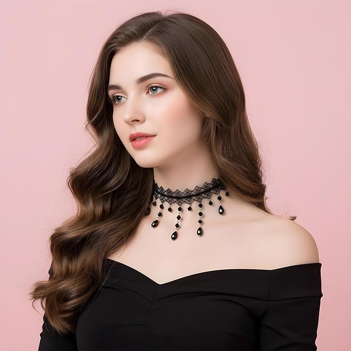 Ouligay Gothic Black Choker Necklace for Women Gothic Black Necklace Adjustable Vintage Goth Lace Collar Crystal Goth Jewelry Gifts for Halloween Cosplay Party Prom Costume Jewelry Accessories