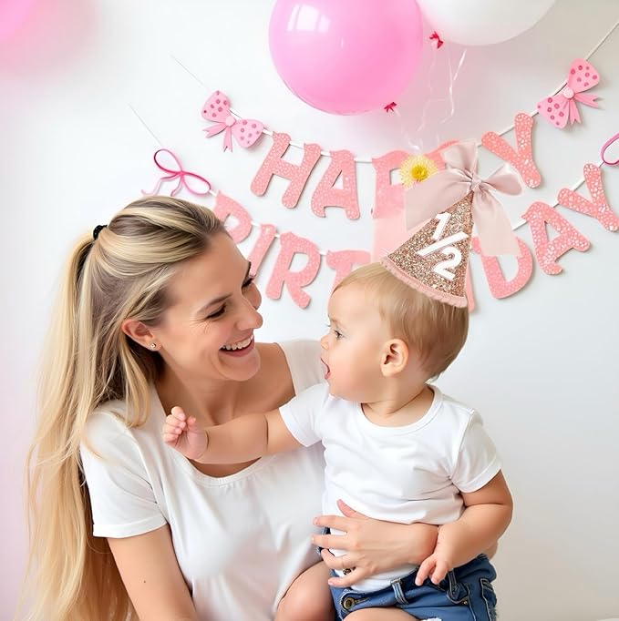 Half Birthday Hat Decorations 2 Set-Sequined Cone 1/2 Hat Happybirthday Banner for 6 Months Baby Girls Bow Birthday Party Decorations, Bow Party Deco(Rose Gold)
