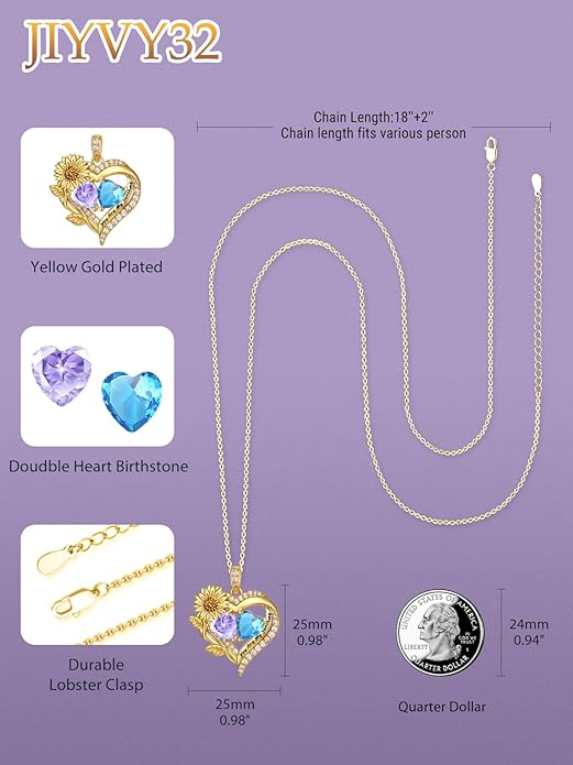 Sunflower Heart Necklace for Women 14K Gold Exquisite Valentines Day Anniversary Birthday Gifts for Wife Mother Her Double Birthstone Pendant Jewelry‘You Are My Sunshine’