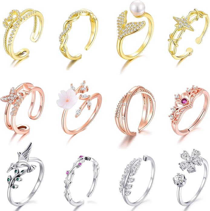 TAMHOO 9/12/15/16 Pcs Open Rings Set for Women with Sparkling Cubic Zirconia- Finger Rings Pack Stackable Rings for Teens,White Gold/Rose Gold/Gold Tone Rings for Girls