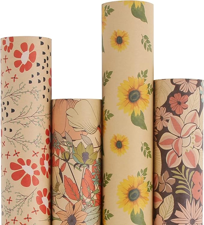 Aimyoo Kraft Floral Wrapping Paper Bundle, Vintage Sunflower Flower Gift Wrap Paper for Wedding Bridal Shower Birthday Rolls of 4, 17 in x 12 ft per Roll
