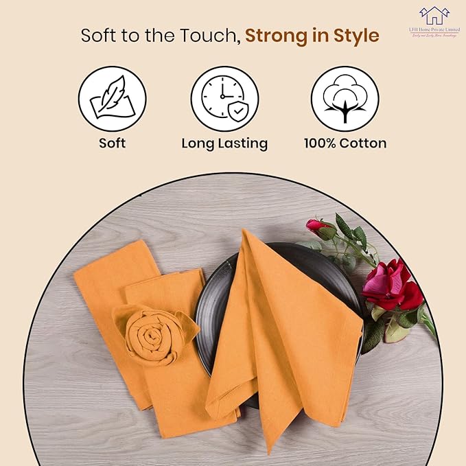 LFH Home Cotton Rich Metered Napkins for Dining Table Set of 12, Elegant Cloth Napkins for Wedding Party or Everyday Use Machine Washable Durable Reusable and Soft for Hosting 18x18 Inch - Mustard