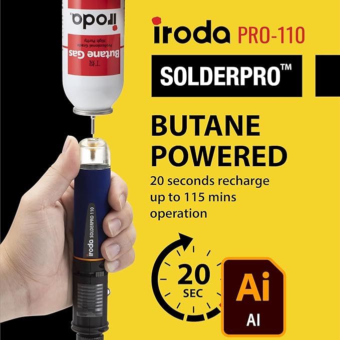 IRODA SolderPro 110 Cordless Butane Soldering Iron Kit, 115 MIns Run Time, Rapid Heat Up, Professional Set With Tips & Sturdy Tool Case (No Butane Included)