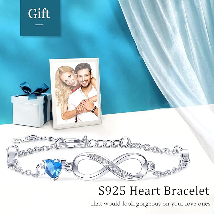Bracelets for Women Sterling Silver Infinity Heart Bracelet Charms Bracelet Trendy Dainty Gift for Ladies Womens Wife Bride Sister Friend Anniversary Birthday Mothers Day Valentines Gifts for Her